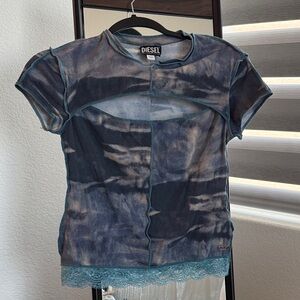 Diesel Blue Tie-Dye Mesh Top with Lace Detail